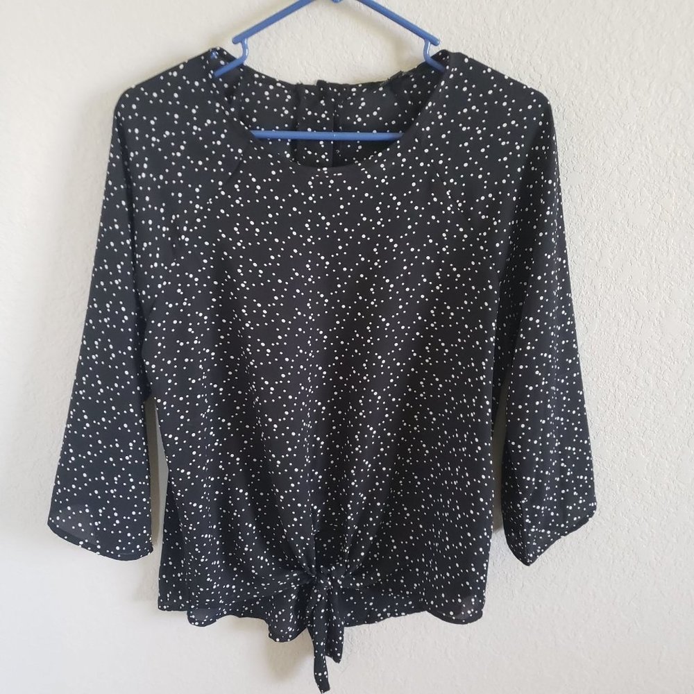PaperMoon Woman Size S Blouse NWT Black White Dots 3/4 Bell Sleeve Tie Front